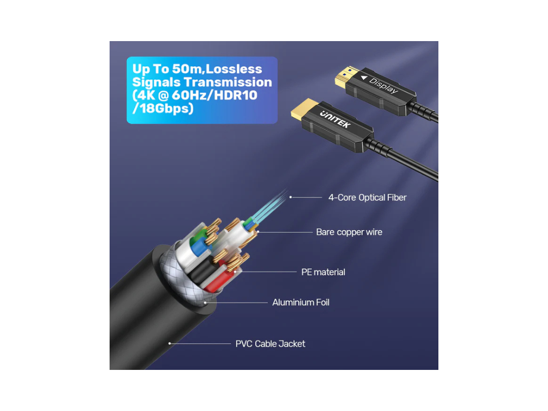 Unitek 15M 4K HDMI 2.0 Fiber Optic Cable - 60Hz, High-Speed, HDR Unitek 15M 4K HDMI 2.0 Fiber Optic Cable - 60Hz, High-Speed, HDR